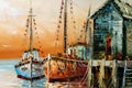 Colorful Fragment of Fisherman Boats and Shacks in Harbor Oil Painting