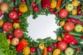 Colorful frame made of vegetables and herbs on white background Royalty Free Stock Photo