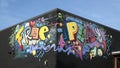 The Colorful `Free Play` mural by artist Joe Skilz on the outside of the Free Play Arcade in Arlington, Texas.