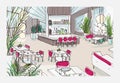 Colorful freehand drawing of restaurant or bistro interior with modern furnishings - tables, chairs, pendant lights