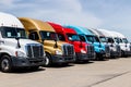 Indianapolis - Circa June 2018: Colorful Freightliner Semi Tractor Trailer Trucks Lined up. Freightliner is owned by Daimler AG II