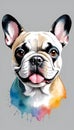 Colorful French Bulldog illustration on watercolor splash isolated on white background