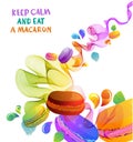 Colorful french macaron cookies with drops and abstract waves