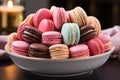 Colorful french macarons on plate, mini pastry collection for dessert enthusiasts