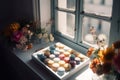 Colorful French macarons on wooden table surrounded with beautiful flowers. Generative AI