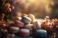 Colorful French macarons on wooden table surrounded with beautiful flowers. Generative AI