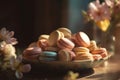 Colorful French macarons on wooden table surrounded with beautiful flowers. Generative AI