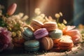 Colorful French macarons on wooden table surrounded with beautiful flowers. Generative AI