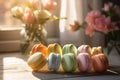 Colorful French macarons on wooden table surrounded with beautiful flowers. Generative AI