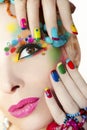 Colorful French manicure and makeup.