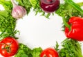 Colorful fresh bright vegetables laid out in frame on white background, top view. Copy space Royalty Free Stock Photo