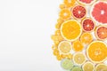 Colorful fresh citrus fruit on white background. Orange, tangerine, lime, blood orange, grapefruit. Fruit background. Summer food Royalty Free Stock Photo