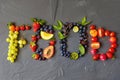 Colorful Fresh Fruit Assortment Shaped as Word 'DIET' on Dark Background