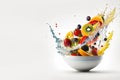 Colorful fresh fruit salad in a white plate, fruits flying in the air, levitation on a white background. Royalty Free Stock Photo