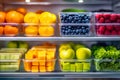 Colorful fresh fruit and vegetable display in a refrigerated store shelf Royalty Free Stock Photo