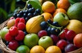 Colorful Fresh Fruits in Basket on Wooden Table, Healthy Eating and Nutrition Concept Royalty Free Stock Photo