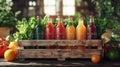 Colorful fresh juice drinks in wooden crate Royalty Free Stock Photo
