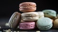 Colorful fresh macaron biscuits on black background. Generative AI