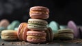 Colorful fresh macaron biscuits on black background. Generative AI