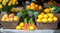 Colorful fresh produce display with lemons, carrots, broccoli, and potatoes in baskets Royalty Free Stock Photo
