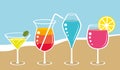 Colorful fresh summer cocktails on the beach. Vector illustration.