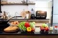 Colorful fresh vegetables salad in a glass cup and food ingredients on table counter kitchen with blurred background of beautiful Royalty Free Stock Photo