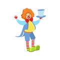 Colorful Friendly Clown Holding Top Hat In Classic Outfit