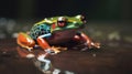 Colorful frog perched on a stone at the edge of water showing reflection in the water with dark background, generative ai