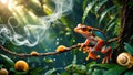 A Vibrant Frog Perched on Vine Amongst Snails in a Mystical Glowing Forest Royalty Free Stock Photo