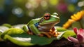 Vibrant Red-Eyed Tree Frog Perched Peacefully on Lily Pad in a Pond with Flowers Royalty Free Stock Photo