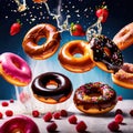 Colorful, frosted glazed donuts with fancy decoration