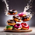 Colorful, frosted glazed donuts with fancy decoration