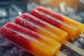 Colorful frozen fruit popsicles on ice