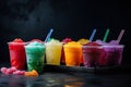 Colorful Frozen Fruit Slush Granita Drinks in Plastic Take-Away Cups with Lids and Drinking Straws