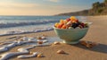 Exotic Fresh Fruit Salad in Bowl on Tropical Beach at Sunset for Summer Vacation Royalty Free Stock Photo