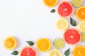 Colorful fruit corner border of citrus slices and leaves, top view over a white background Royalty Free Stock Photo