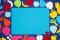 colorful fruit on a dark blue background with blank blue paper as copy space, creative summer design Royalty Free Stock Photo