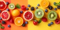 A colorful fruit display with oranges, kiwis, and strawberries