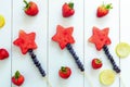 Colorful fruit flatlay with watermelon star kabobs Royalty Free Stock Photo