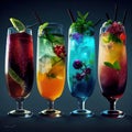 Colorful fruit and herb adornments on non-alcoholic cocktails in chic glasses