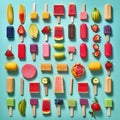Colorful fruit and ice cream popsicles. Summer, fruit, holliday background. Ai generative. Illustration