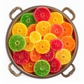 Colorful Fruit Jelly Candy on Silver Plate Overhead View Isolated Royalty Free Stock Photo
