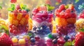 Colorful fruit parfaits in glasses, showcasing vibrant layers of fresh berries and tropical fruit, perfect for a healthy dessert