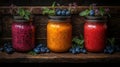 Colorful fruit preserves on rustic wooden shelf Royalty Free Stock Photo