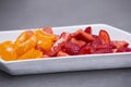 Colorful fruit salad. Apple, pear, banana, tangerine, pear and pomegranate fruit salad. Royalty Free Stock Photo
