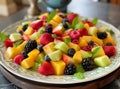 A colorful fruit salad on an elegant plate with fresh berries, mango, and kiwi. Mint leaves add a touch of greenery. Royalty Free Stock Photo