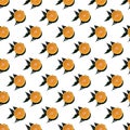 Colorful fruit seamless pattern of half oranges with green leaves isolated on white background. View from above Royalty Free Stock Photo