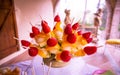 Colorful fruit skewers, with shallow depth of field. Royalty Free Stock Photo