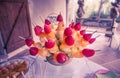 Colorful fruit skewers, with shallow depth of field. Royalty Free Stock Photo