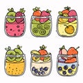 Colorful fruit smoothie jars handdrawn illustration. Six assorted smoothies layers fruits mason